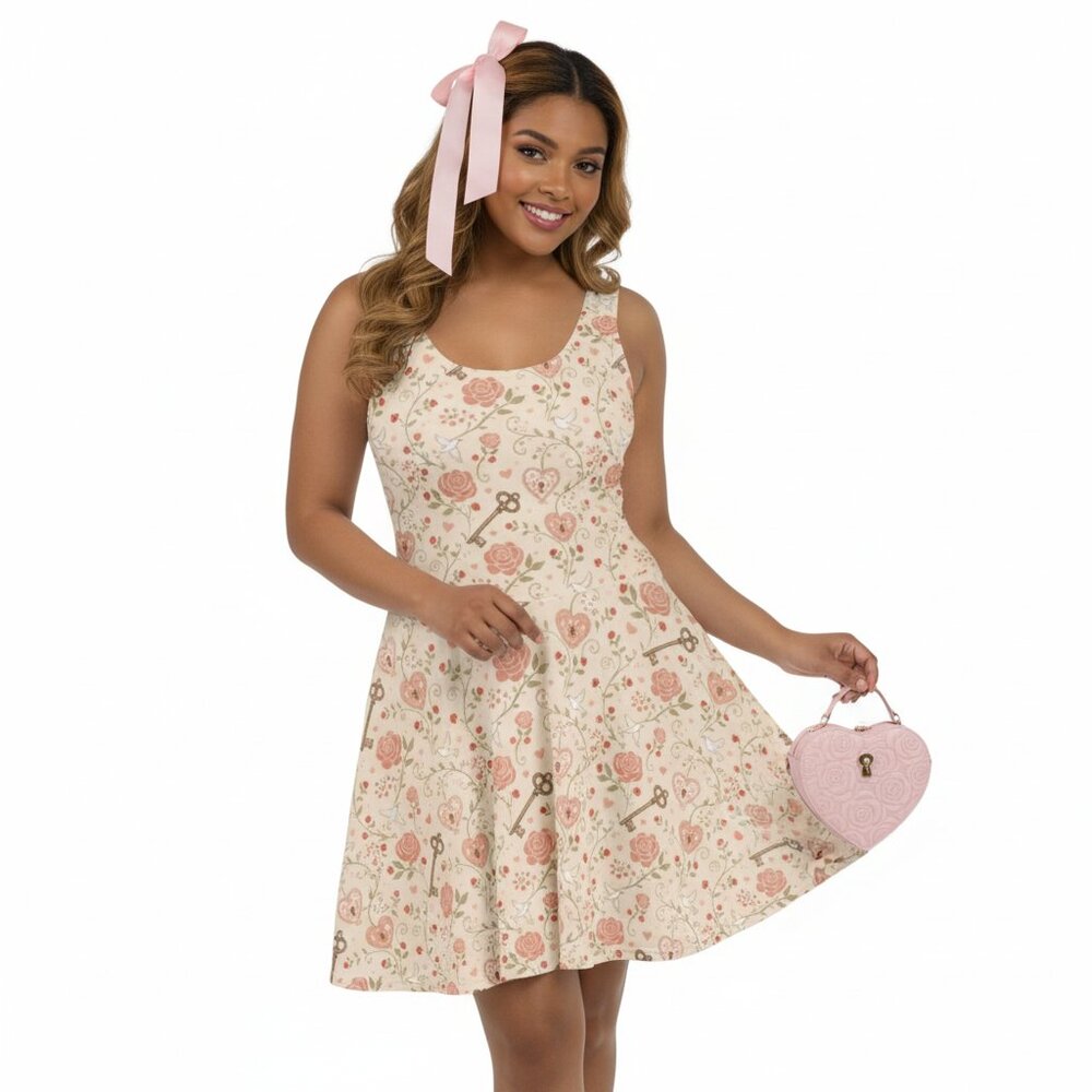 Coquette Pink Floral Heart Pinup Swing Dress
